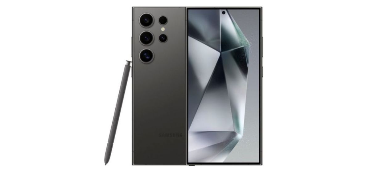 Samsung Galaxy S24 Ultra smartphone and stylus on white background