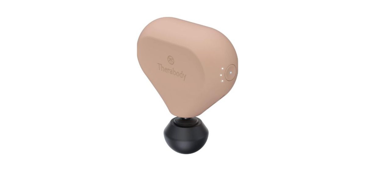 TheraGun Mini on white background, in color &quot;desert rose&quot;