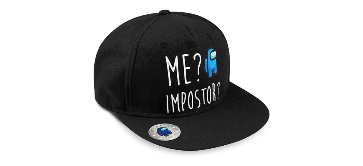 black snapback baseball cap that says, &quot;Me? Impostor?&quot; with image of blue crewmate on it