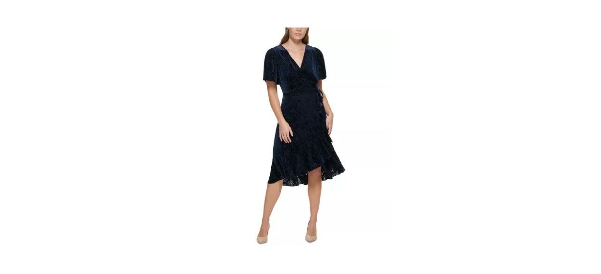 Best Calvin Klein Burnout Velvet Faux-Wrap A-Line Dress