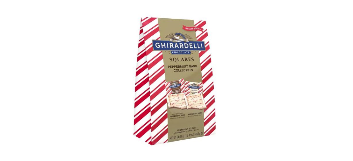 Ghirardelli Limited Edition Peppermint Bark in red and white striped bag