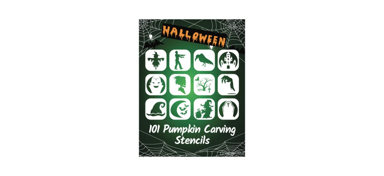 A green package of white Halloween-themed stencils, with designs like ghosts and a witch hat