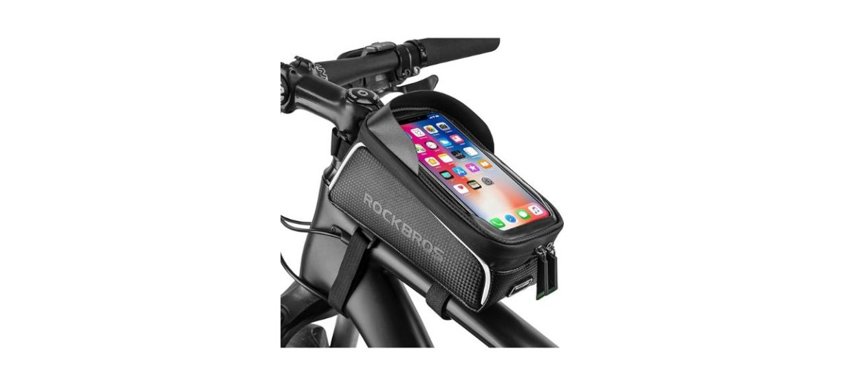 ROCK BROS Bike Phone Front Frame Bag Bicycle Bag with smartphone on it