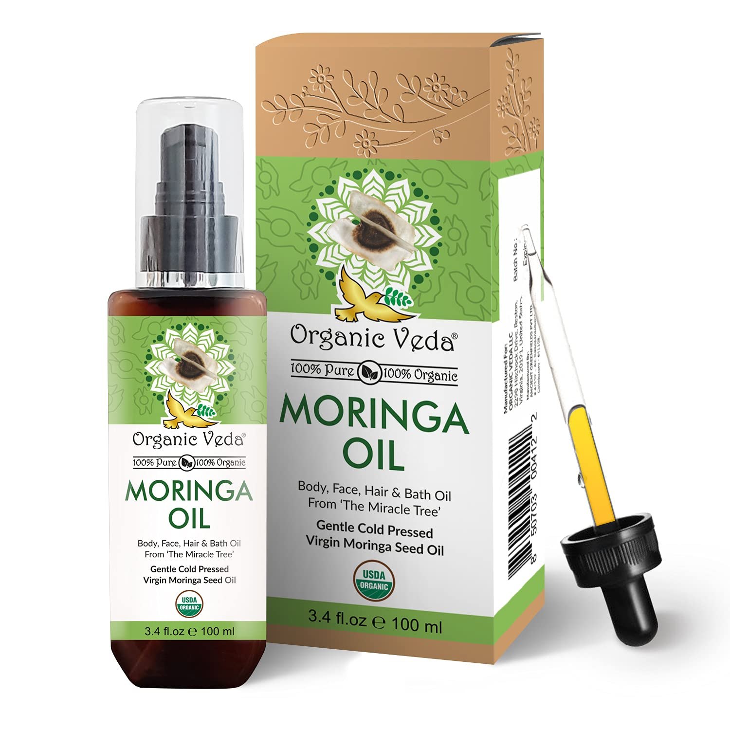 Organic Veda Organic Moringa Oil, 3.4 oz.